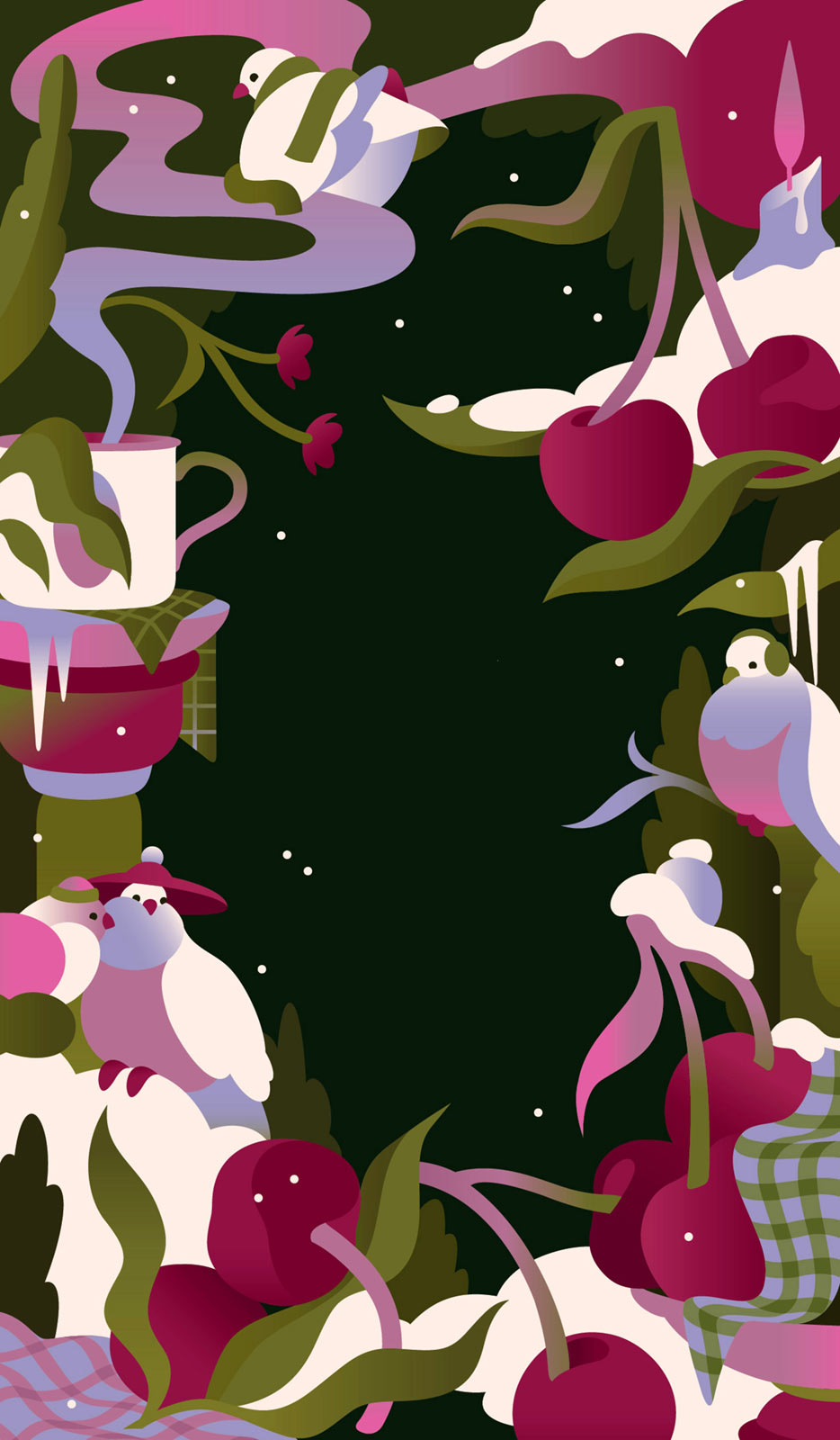 illustration of winter holiday cherry doves wreath 