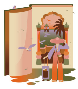 illustration of a women looking at an open book ready to travel